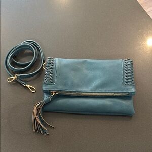Teal Leather Clutch with Tassel
